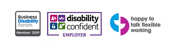 Logos for Business Disability Forum member 2019; Disability Confident Employer; Happy to Talk Flexible Working