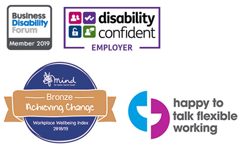 Logos: Disability Confident Employer and Mind Bronze achievement badge.